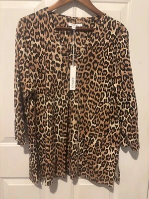NUEVO CON ETIQUETAS Chico’s Top Mujer’s XL Leopardo Túnica Alta Baja Manga 3/4 Algodón Negro Marrón Foto 1 de 4