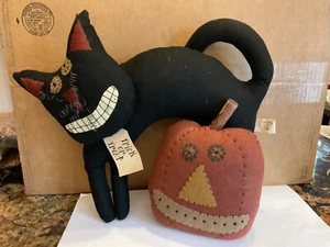 Primitive Deko Vintage Honey & Me Stoff Halloween schwarze Katze Kürbis Puppe - Bild 1 von 1