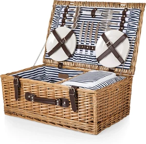 Belmont Picnic Basket for 4 - Wicker Picnic Baskets - 4 Person Picnic Set, Navy - Picture 1 of 9