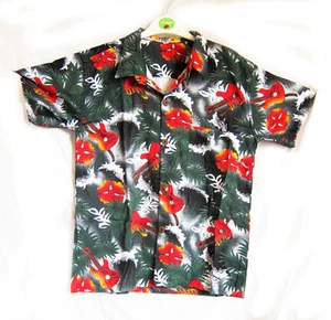 Boy's loud Hawaiian shirt for 10 year old, 38" chest GREEN GUITARS Hibiscus, new - Picture 1 of 3