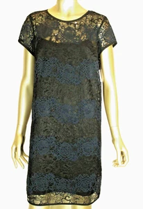 ANN TAYLOR LOFT~NWT!!~BLACK & NAVY LACE SHORT SLEEVE SHIFT DRESS SZ:6 - Picture 1 of 7
