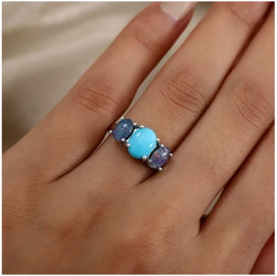 Anillo de ópalo turquesa y de hombro de platino sobre plata esterlina de la Bella Durmiente - O Foto 1 de 4