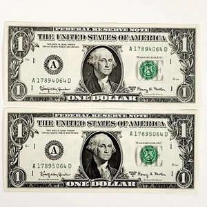 2x 1963 $1 DOLLAR BILL BANK NOTE *UNIQUE CONSECUTIVE SEQUENTIAL CURRENCY CRISP - Picture 1 of 4