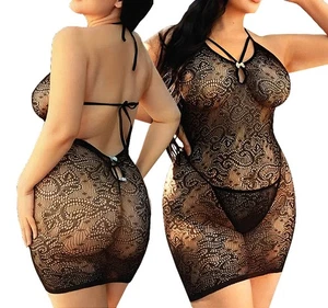 Women's Sexy Plus Q-Size Black Lace Mesh Fishnet Halter Top Sheer Dress - Picture 1 of 3