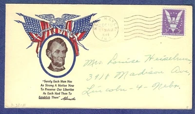 1944 WWII Abraham Lincoln patriotic cover Poppenger cachet - Image 1 of 2