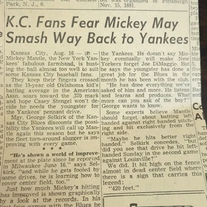 1951 KC Blues Fear Mickey Mantle puede volver a los Yankees de Nueva York recorte de periódico - Imagen 1 de 2