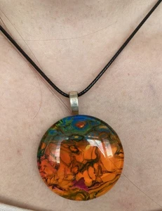 Handmade Orange, Blue, Green 40mm One Of A Kind Glass,Resin Pendant With Chain - Picture 1 of 5
