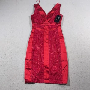 JAX Red Lace Satin Cocktail Dress Women Size 4 Sleeveless V-Neck Sheath NWT - Picture 1 of 12