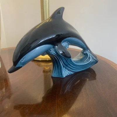 LARGE POOLE POTTERY ENGLAND BLUE DOLPHIN GLAZE Marine Sea Mammal Figurine 1970s - Image 1 of 4