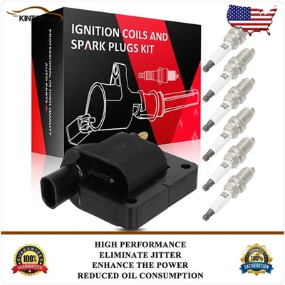 Ignition Coil & 6 Spark Plugs Kit For Jeep Comanche 1991-1992 Wrangler 1991-1997 - Image 1 of 4