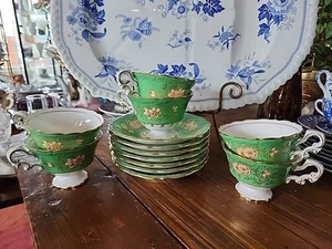 Antique Spode Copeland 6 Cups & 7 Saucers Green Gold Gilded Florals 2899 - Picture 1 of 12