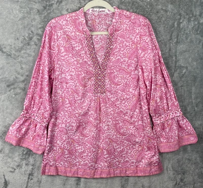 Robert Graham Tunic Top Womens Medium Pink Paisley Beaded Bell Sleeve Preppy - Image 1 of 4