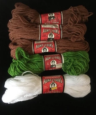 5 Skeins Aunt Lydias Heavy Rug Yarn 3 Brown 1 Green 1 White Vintage Crafts - Image 1 of 4