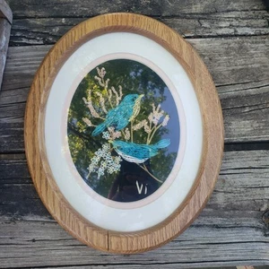 Vintage Papier Quilling blaue Vögel bunt Handarbeit gerahmt Wandkunst Handwerk - Bild 1 von 10