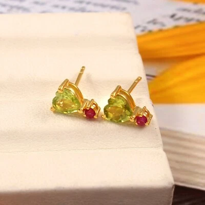 Peridot Ruby Gemstone Stud Gold Plating Earring 925 Sterling Silver Earring - Image 1 of 4