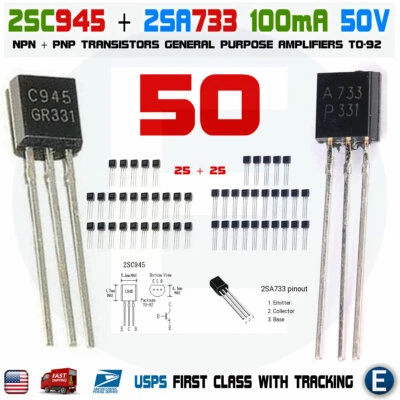 50pcs 25 pairs of 2SA733 & 2SC945  A733 /C945, TO-92 audio transistor USA seller - Image 1 of 3