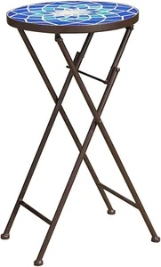 Outdoor Folding Accent Table with Glass Top and Iron Frame, White and Blue - New - Picture 1 of 8
