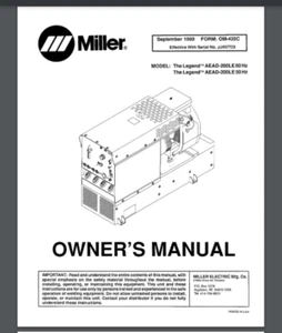 Miller Legend AEAD-200LE 60/50-Hz Welder Owner & Parts Manual Book Guide Repair - Picture 1 of 1