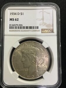 1934  D Peace Silver Dollar $1 NGC MS62 8144579-026