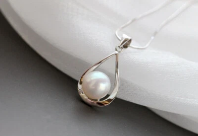 D10 Sottile Pendente A Goccia Con Perla Di Acqua Dolce In Argento Sterling 925 - Immagine 1 di 4