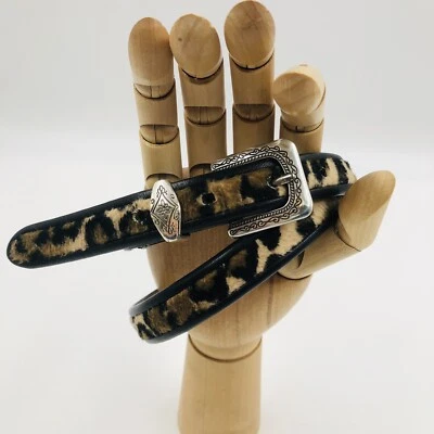 Vtg Brighton Size 28 Belt Leopard Black Leather Trim Engraved Silver Hardware - Image 1 of 4