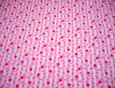 30s Reproduction Fabric By Yard Red Roses on Pink White Stripe Cotton #PC - Image 1 of 2