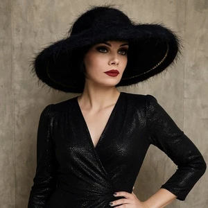 Vintage Femme Noir Statement Wolle Schlapphut breite Krempe elegant Made in USA Goth - Bild 1 von 11