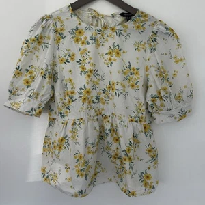 New look white and yellow flower pattern puff sleeve top tie back size 12 - Picture 1 of 7