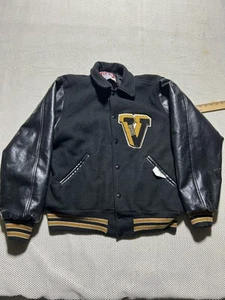 True vintage wool varsity band jacket size large Black Nice Embroidery USA Made - Picture 1 of 7