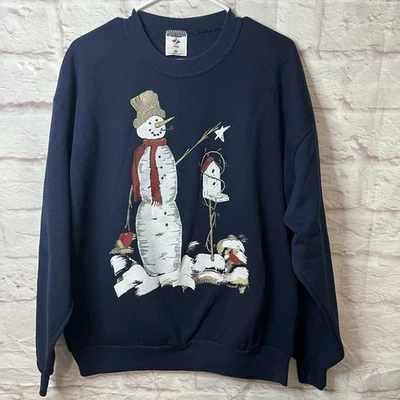 Sudadera vintage 1996 Jerzees muñeco de nieve azul marino cuello redondo XL Foto 1 de 4