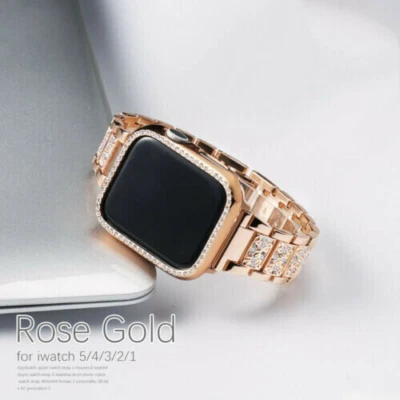 Correa de reloj de acero inoxidable Bling + estuche de diamantes para Apple Watch Series 8 7 41/45 mm Foto 1 de 4