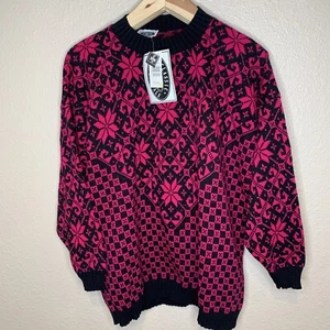 VTG 80s Sweater Black Pink Geometric Snowflake Womens 24W Classic Essentials NWT - Picture 1 of 8