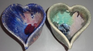 Studio Art Pottery Heart Dishes Set Of Two Trinket Signed OOAK - Picture 1 of 14