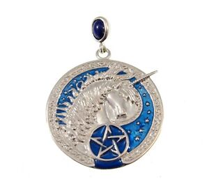 Solid 925 Sterling Silver & Blue Enamel Celtic Unicorn Pagan Pentagram Pendant 