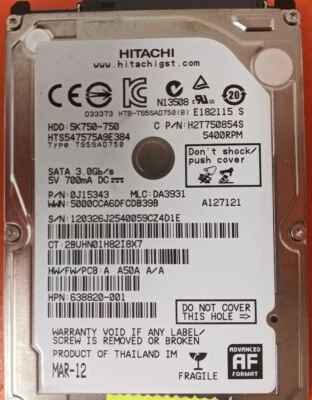 ⭐️⭐️⭐️⭐️⭐️ HDD Hard Drive SATA Laptop 2.5" Hitachi HTS547575A9E384 750GB J15343 - Image 1 of 2