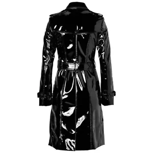 Women's Trench Coat PVC Vinyl Shiny Gothic Emo Soft Faux Leather Black Long Coat - Picture 1 of 3