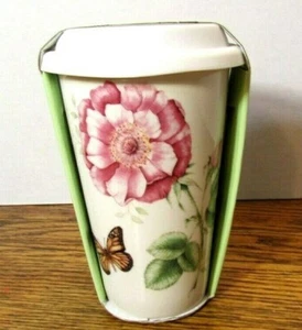 LENOX BUTTERFLY MEADOW CERAMIC TRAVEL MUG NIP BUTTERFLIES FLOWERS - Picture 1 of 5