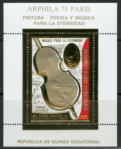 Guinea Equatorial 1975 Arphila Paris, Pablo Casals Gold Foil Mid Bloc 154 Perf Cover