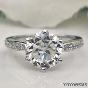 Solid 14K White Gold Moissanite Solitaire Engagement Ring 2.50 Carat Round Cut - Picture 1 of 7
