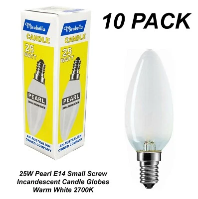10 x 25W Pearl E14 Candle Light Globes Bulbs Lamps Small Screw SES Incandescent - Image 1 of 3
