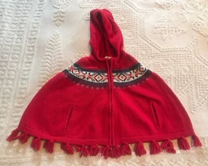 EUC Land's End Girls' 4-7 Fair Isle Zip front Hooded Cape Poncho Wool Blend Red - Picture 1 of 5