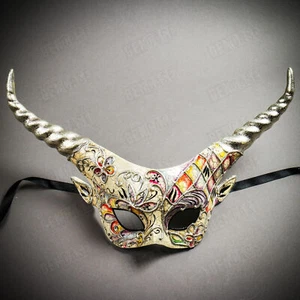Krampus SILVER Horn Crackle Venetian Devil Women Masquerade Party Eye Mask White - Picture 1 of 6