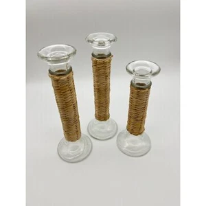 Juego De Colección De 3 Candelabros De Mimbre Y Vidrio Decoración Costal Boho - Imagen 1 de 7