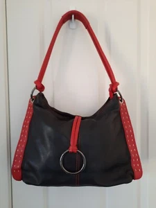 Italian Made Quality Leather Handbag Shoulderbag Black Red Exc Cond - Picture 1 of 8