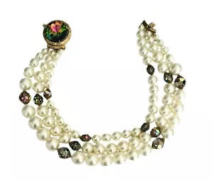 Vintage LAGUNA Faux Pearl TRIPLE Strand with Watermelon Rhinestone Clasp Choker - Picture 1 of 8