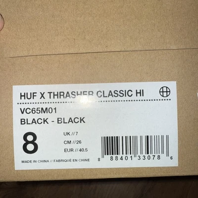 Zapatos de Skateboarding HUF X Thrasher Classic Hi para Hombres 8 Negros - Negros Nuevos en Caja Nuevos en Caja Foto 1 de 4