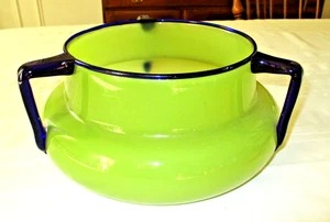 MICHAEL POWOLNY LOETZ Tango Green & Blue 3 Handle Glass Vase Signed 10 x 4 1/2" - Picture 1 of 9