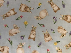 EASTER BUNNIES BLUE HOPPY HUNTING BY HENRY GLASS BUNNY RABBIT Cotton Fabric HY - Picture 1 of 3