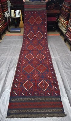 Vintage Afghan Mushvani Runner Rug 2x12 ft Red Blue Persian Oriental Wool Carpet - Image 1 of 4