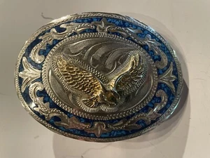 Western Rodeo Handmade Silver & Gold Tone Eagle Turquoise Belt Buckle Art Deco - Picture 1 of 2